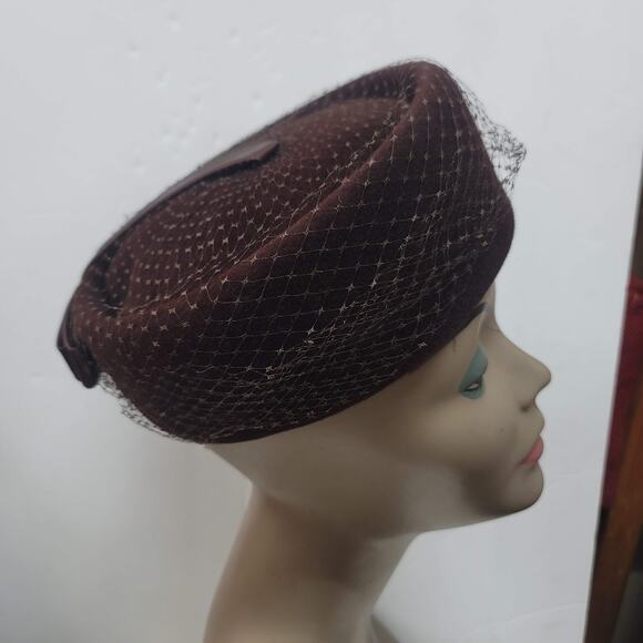 Vintage BROWN ribbon bow Peachbloom Velour Union Made Imported fur Net Veil Hat main image 7